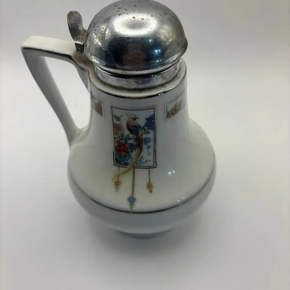 Royal Rochester Hand Painted Chocolate Pot Bird Floral Chrome Lid Vintage